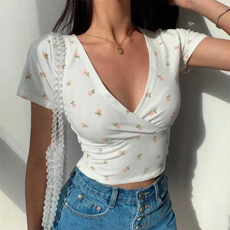 Koszulka damska Y2K Vintage Floral Cross Crop Top T-shirt kobiety przycięte szczupłe krótkie rękawie w dekolcie seksowne letnie ubrania koszulka femme kobiety topy y2302