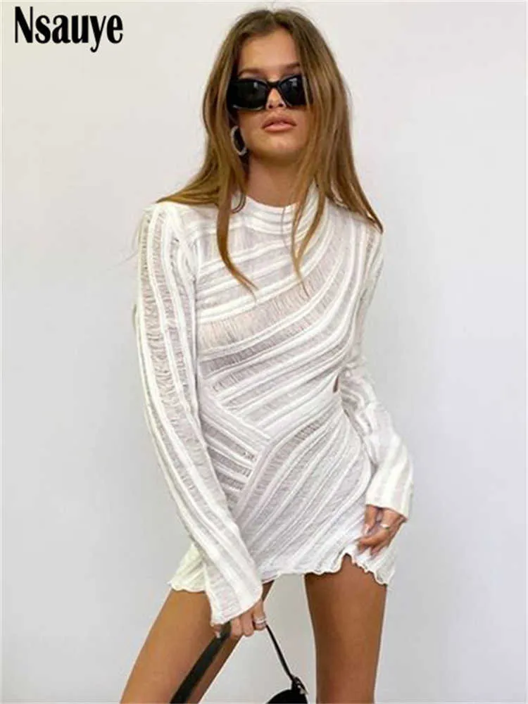 Sukienki swobodne nsauye 2022 Summer jesienny Knitted Striped Pullover Postrzegaj przez długi rękaw Mini Wrap Sexy Club Hollow Out Y2302