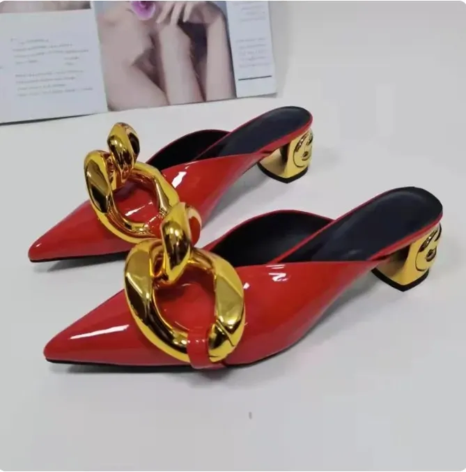 Gold Chains Slippers Sandals Female Low heel Patent Leather Pointed toe Womens Slides Spring Lady Gladiator