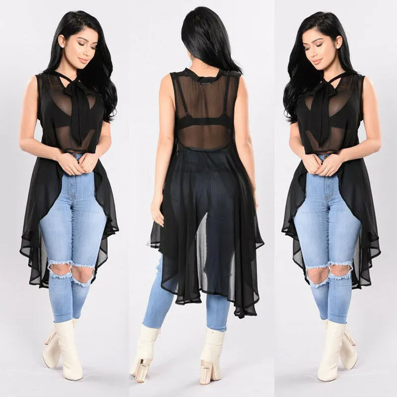 Women's Blouses Shirts Women Sexy Transparent Fluoroscopy Sleeveless Loose Blouse Casual Shirt Summer Tops Summer Bikini Swim Cover Up Clothes 230209