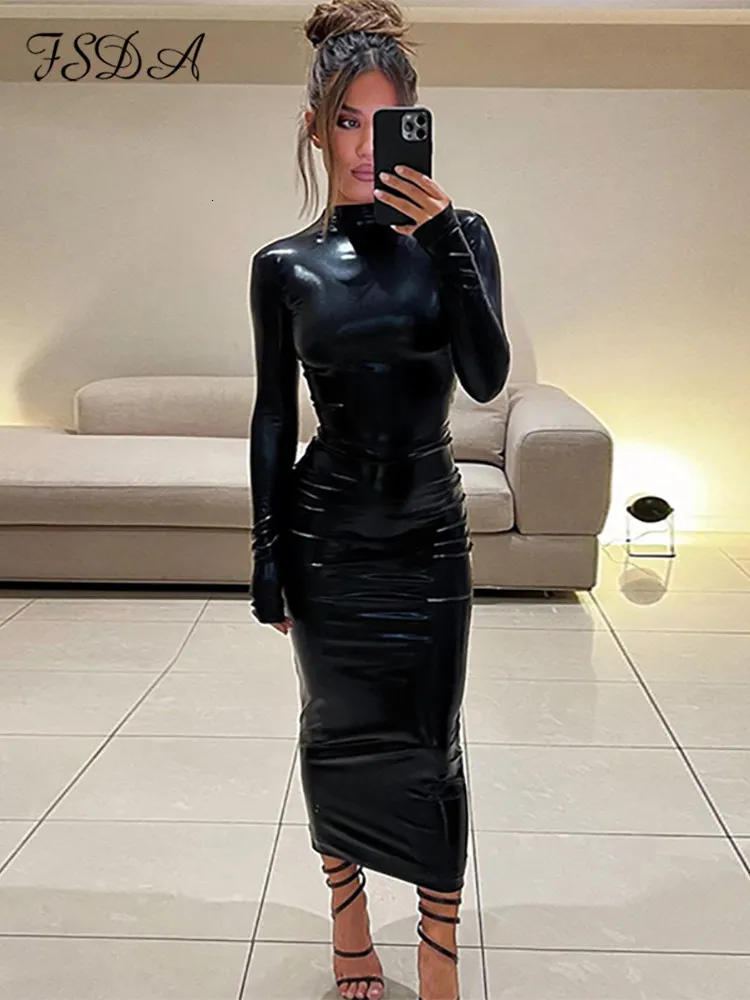 Casual Dresses FSDA Schwarz Midi Bodycon Kleid Sexy Frauen Rollkragen Langarm Pu Leder Party Kleider Club Elegante Herbst Winter 230209