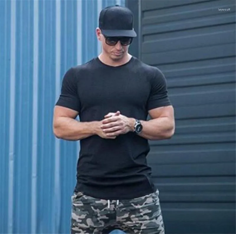 Herr t shirts sommar mode casual smal elastisk bomull solid kort ärm män manlig passform tee bodybuilding fitness kläder