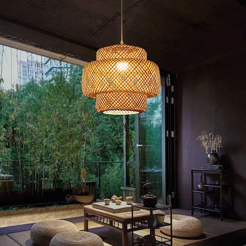 Chinese Hand Knitted Pendant Lights Bedroom Chandelier Dining Room Bamboo Lantern Restaurant Hanging Lamps For Ceiling 0209