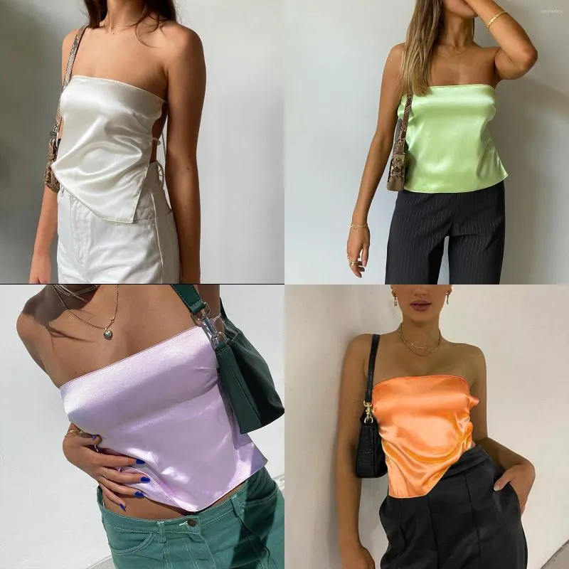 T-shirts pour femmes 2023 Satin dos nu Sexy haut court femmes vert Y2K été Cami pansement sans manches sans bretelles débardeurs épaules dénudées