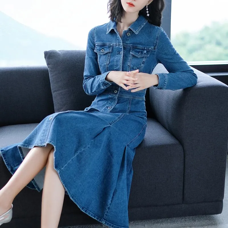 Casual Dresses Autumn Women Causal Jeans Dress Midi Outfits Full Sleeve Single Breasted Slim Female Denim A-line Ladies Robe Femme