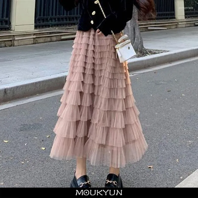 Jupes moukyun multicouche tulle longue jupe femme automne faldas coréen taille haute a-ligne tutu femme maille plissée maxi