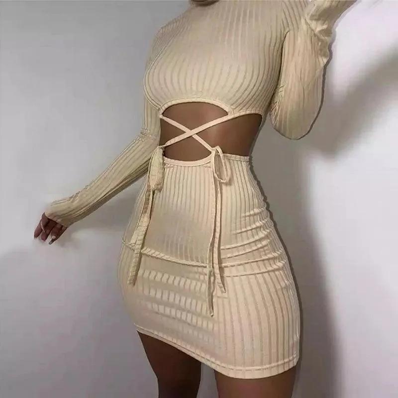 Casual Dresses Imcute Sexig Woman Dress Autumn 2023 Clubwear Ribbed Sticked Hollow Out Spets Up Turtleneck långärmad bodycon mini