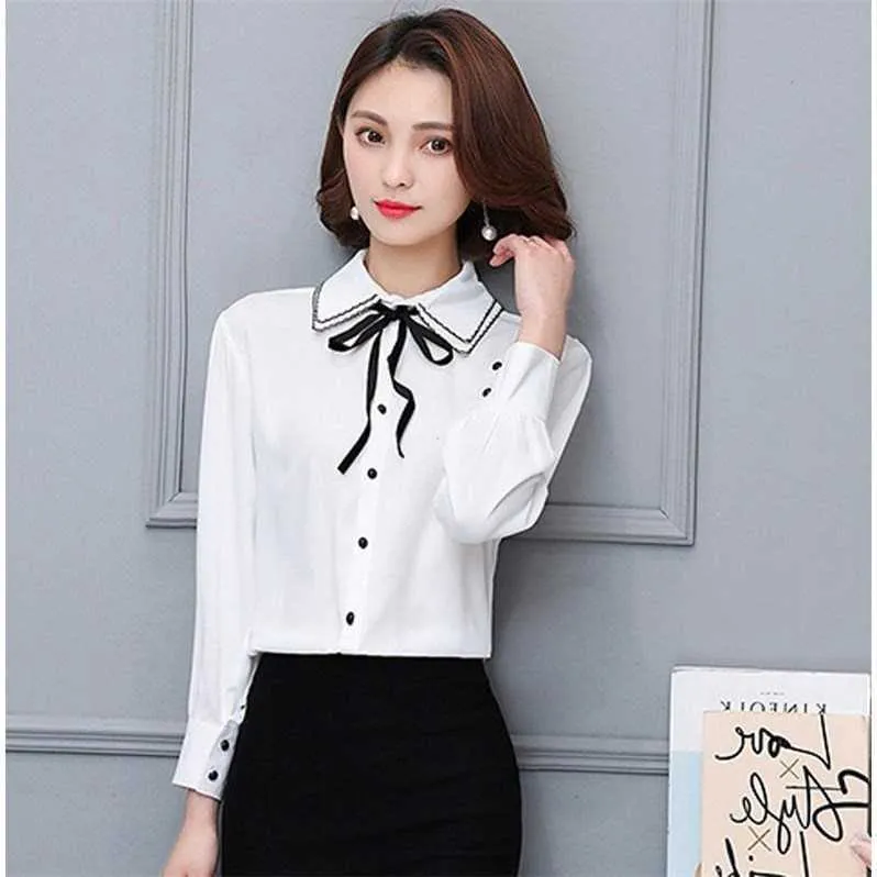 Women's T-Shirt Big Size 4XL Women Bow Long Sleeve Button Blouse Chic Elegant Spring Fall Office Turn Down Collar Formal Shirt Casual Tops Y2302