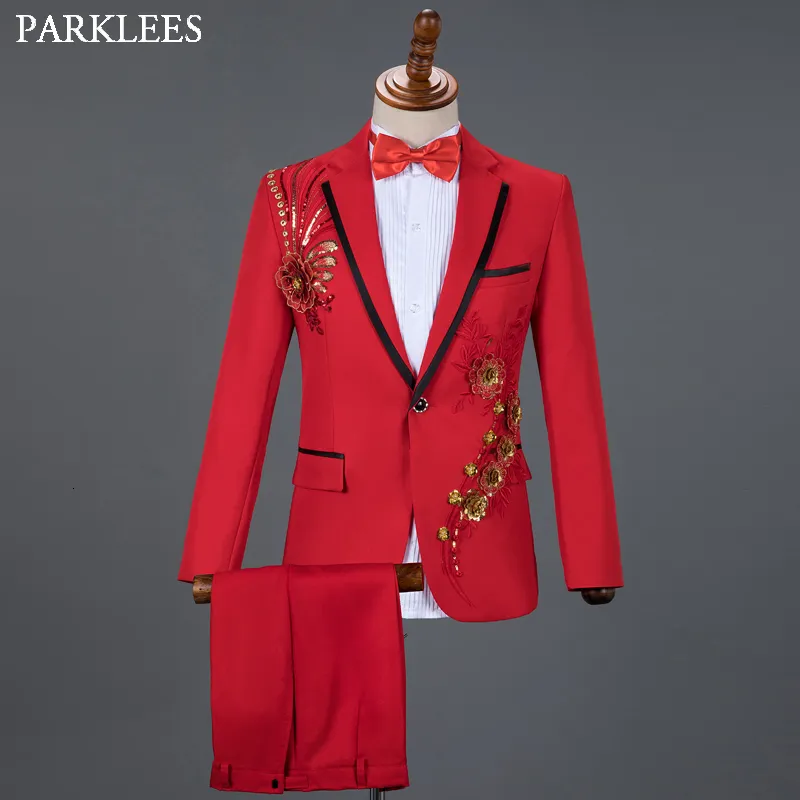 Mens Suits Blazers Red Diamond Floral for Wedding 3 Piece BlazerPantBow Tie Fashion Tuxedo Suit Set Stage Costume Homme 230209