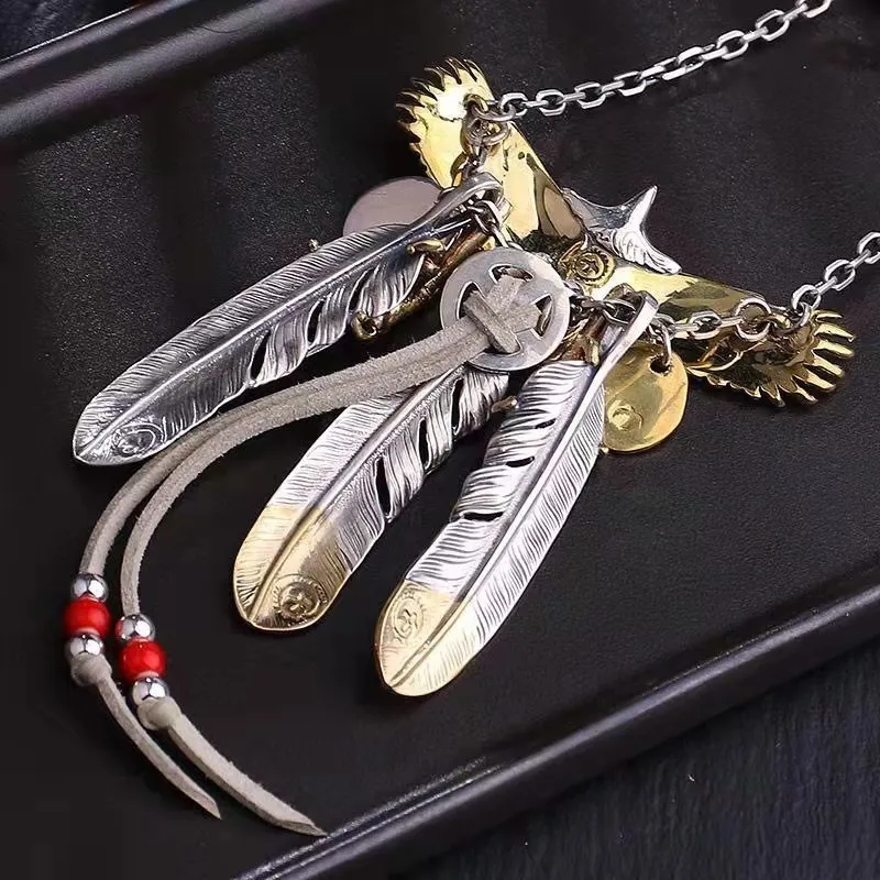 silver✖︎gold MIX feather eagle necklace Real Solid 925 Sterling Silver Eagle Feather Pendant Necklace Gold