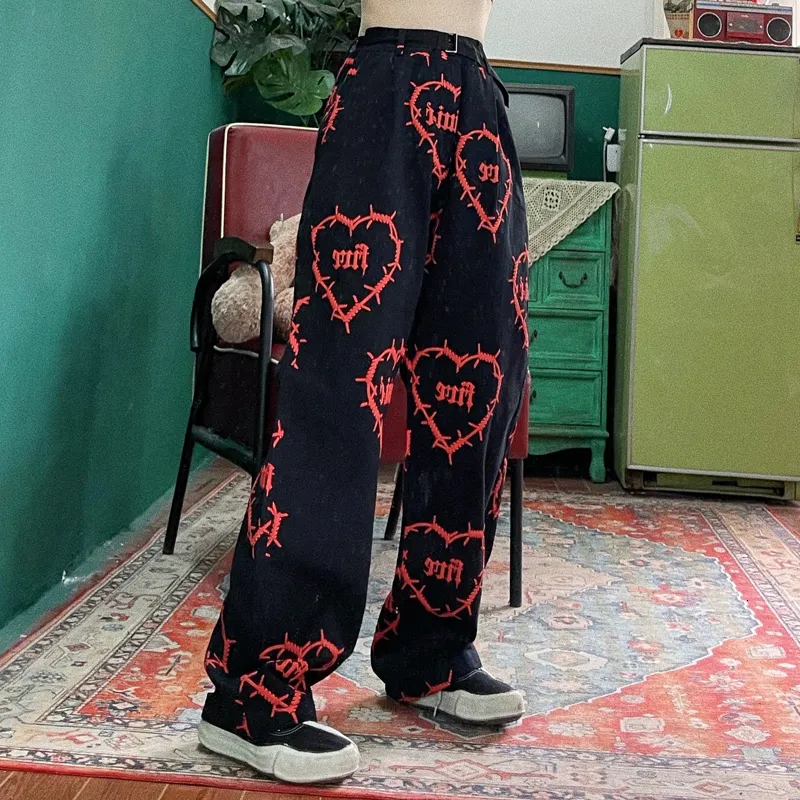 Pantaloni da donna Capris vintage streetwear bello scuro amore stampa sciolto fidanzato casual pantaloni dritti pantaloni femminili harajuku pantaloni della tuta 230209