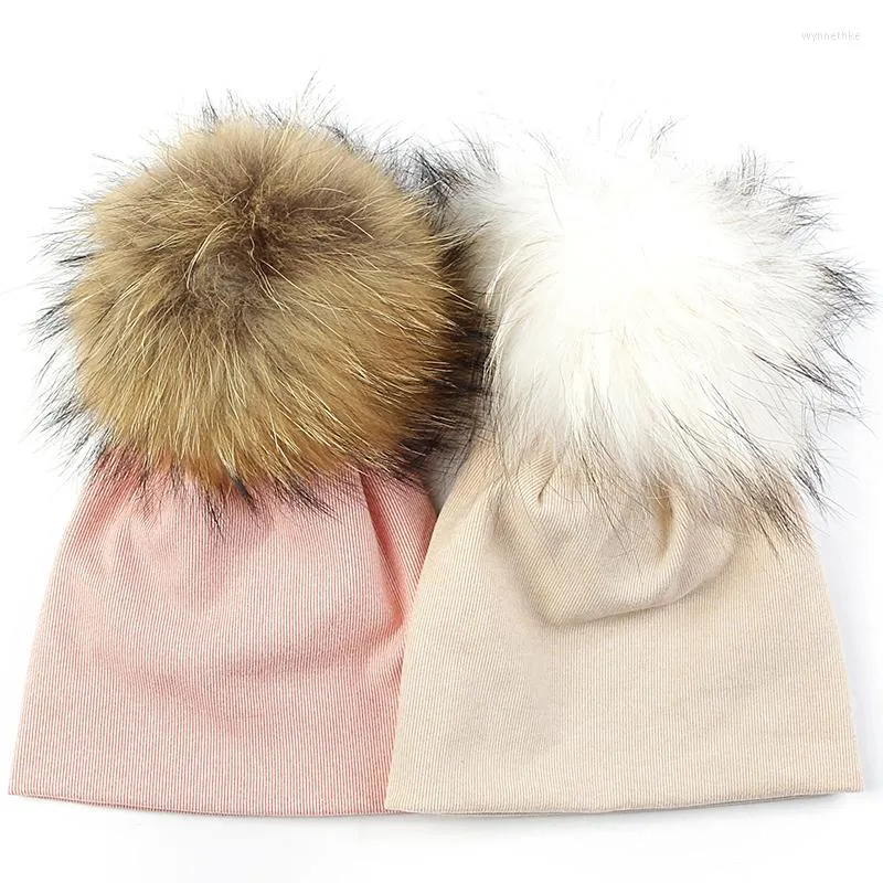 Berets Candy Color Baby Beanies Infant Winter Warm Beanie Hats Soft Cotton Caps Girls Boys 15cm Real Fur Pompom