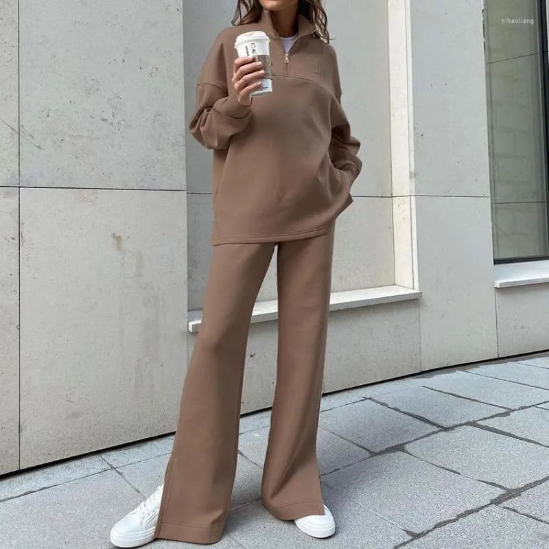Women's Two Piece Pants 2023 Women Outfits Autumn Tracksuit Top And Solid Color Stand Collar Zipper Casual Sport Suit Woman Set