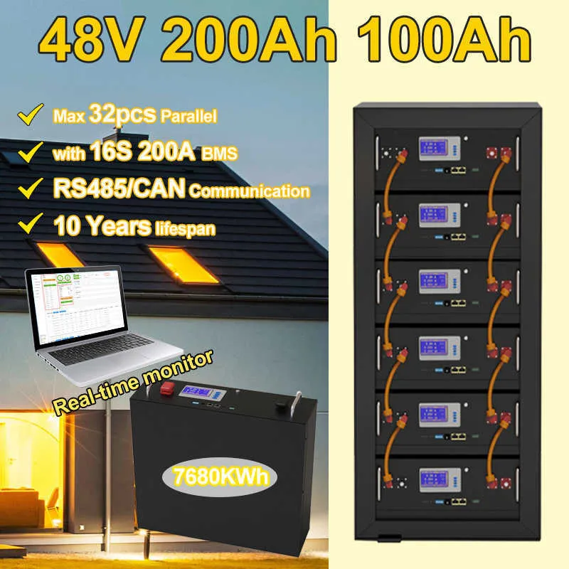 Batterie 48V 200Ah 150Ah 100Ah LiFePO4 51.2V 10KWh 100% capacité avec RS485 CAN pour l'alimentation de secours de stockage d'énergie