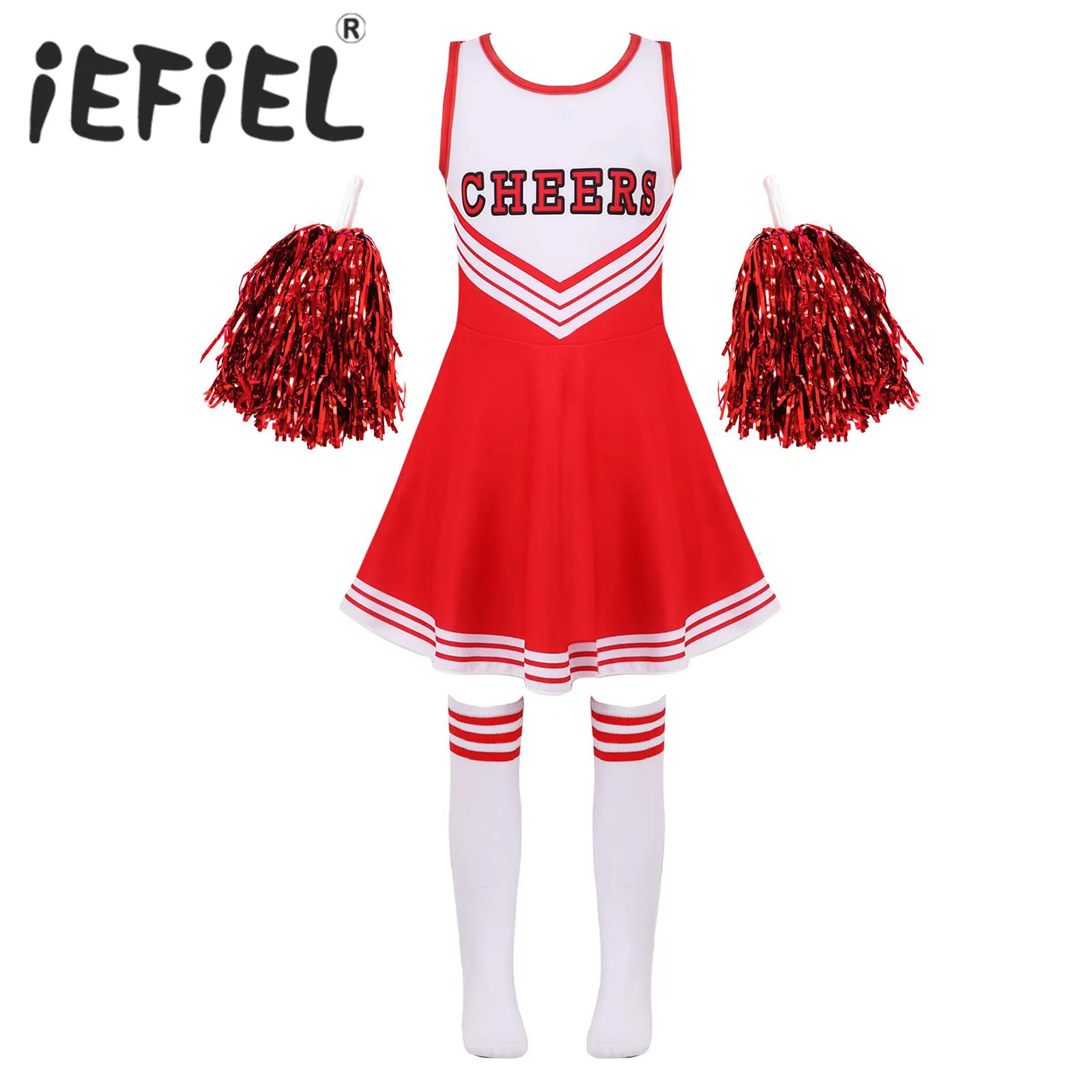 Cheerleading Kid Girls Cheerleading Costumes Vestido de Roleplay de Cosplay de dança de dança imprimida uniforme com meias para performance de palco 230210