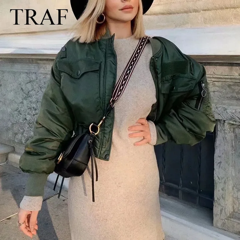 Women's Jackets TRAF Stylish Lady Autumn Winter Green Jackets Women Fashion Long Sleeve Zipper Bomber Jacket Outwear Women's Coat Street Wear 230209