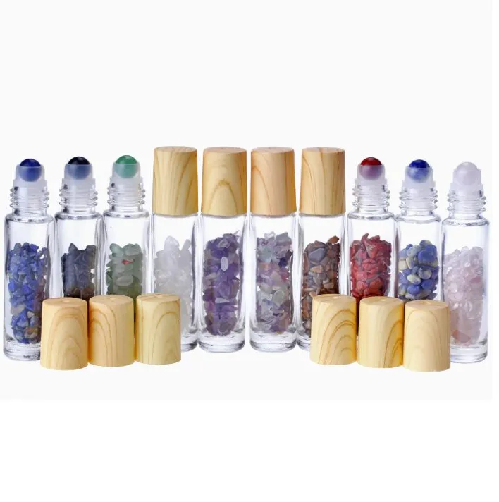 Essential Oil Diffuser 10ml Clear Glass Roll on Perfume Bottles with Crushed Natural Crystal Quartz Stone Crystal Roller Ball Wood Grain Cap Wholesale