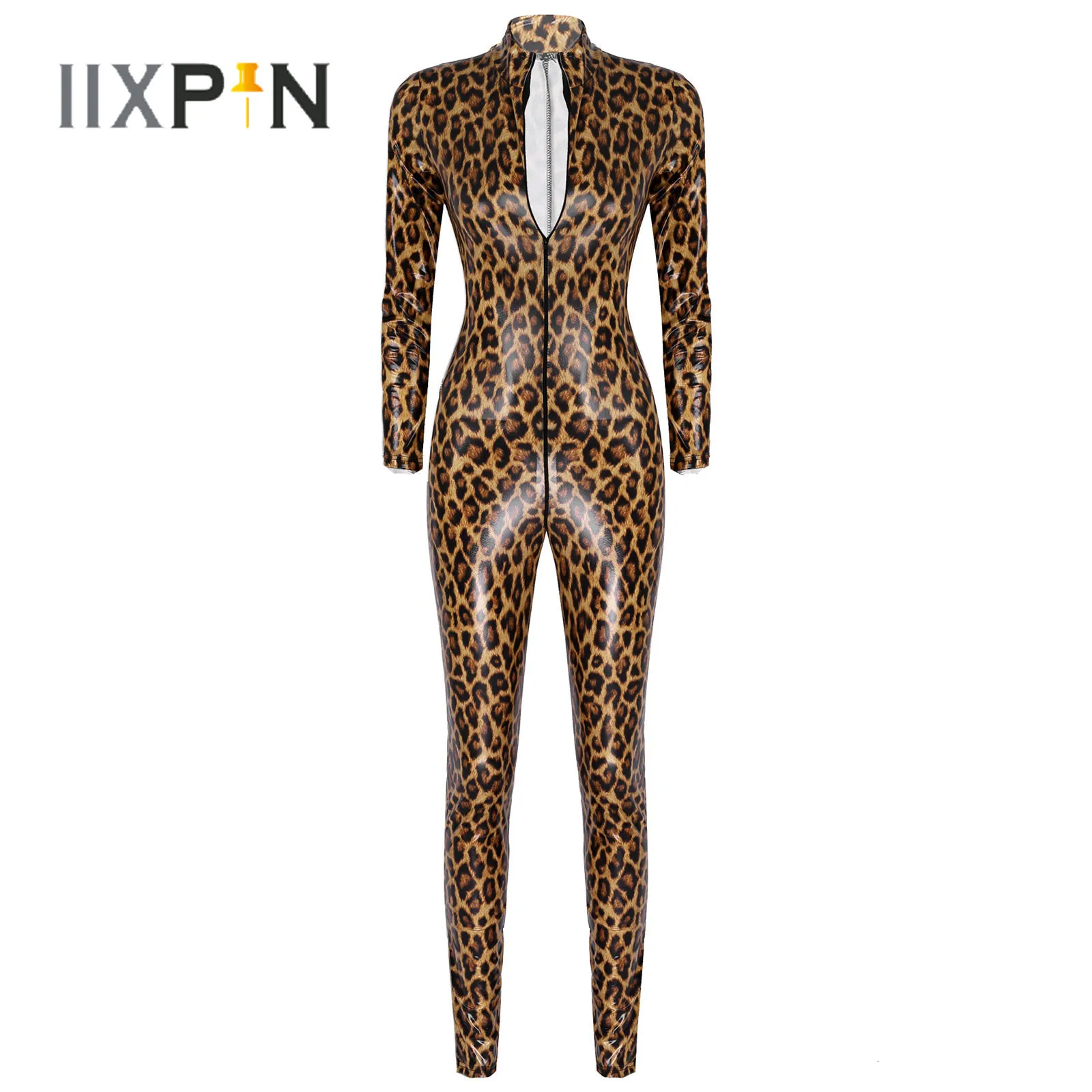 Kadın Tulumları Tulum Bayan Leopar Desenli Body Rugan Rave Bar Catsuit Clubwear Stand Yaka Fermuar Leotard Slim Fit Moda Tulum 230210