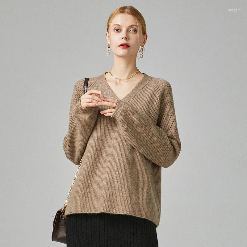 Frauenpullover purer Kaschmir Frauen hohl Herbst und Winter V-Ausschnitt Pullover mit einfachem koreanischen lässigen lockeren Pullover stricken