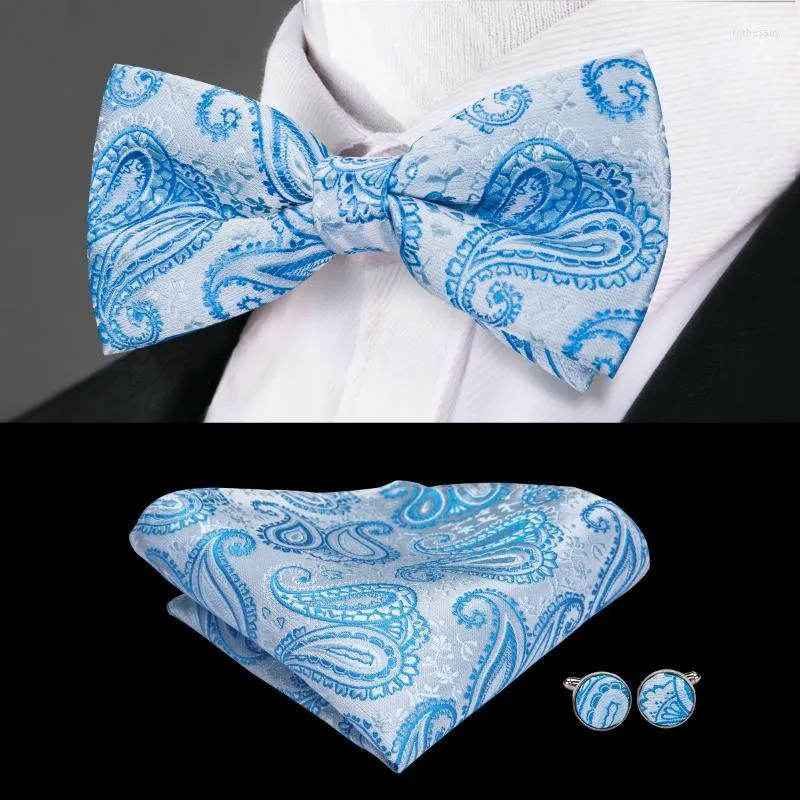 Bow Ties Hi-Tie Most Blue Paisley Bowtie For Men Wedding Top Silk Jacquard Woven Sky Men's Hanky Cufflinks Set F-769Bow Forb22