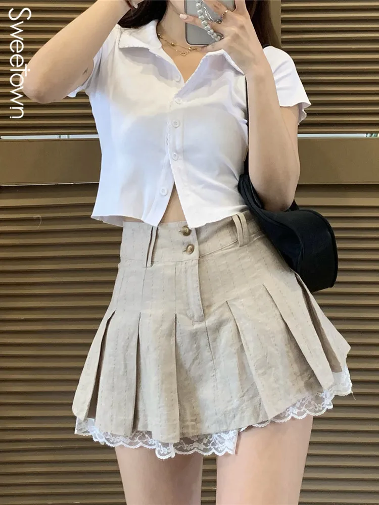 Skirts Sweetown Korean Fashion Khaki Short Skirt Lace Trim Cute Pleated Skirts Womens Preppy Style Button Up High Waist Summer Skirt 230209