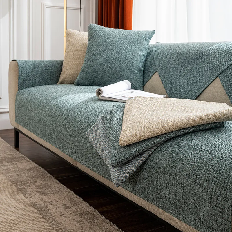 Housses de chaise en lin pour canapé, couleur unie, salon moderne, combinaison antidérapante, coussin complet, Protection contre la poussière, 230209