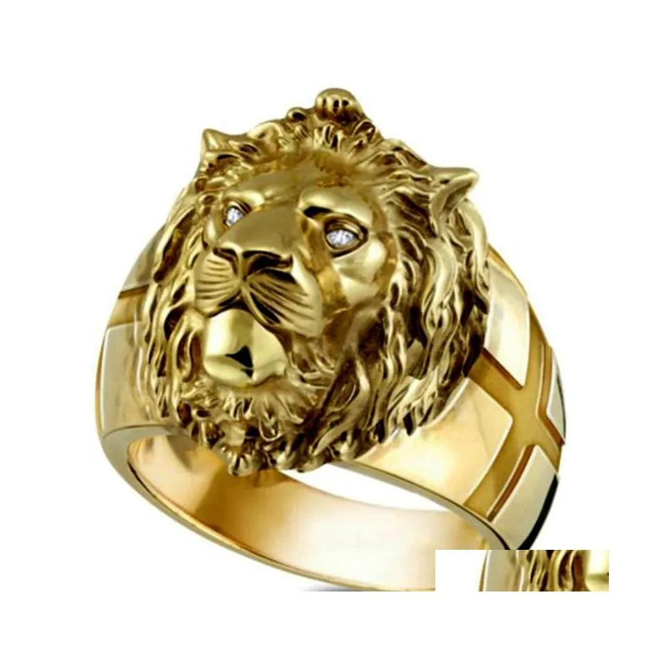 Pierścienie opaski Golden Lion Head Pierścień ze stali nierdzewnej Cool Boy Party Dominering Mens Unisex Biżuteria Dostawa Dh9ke