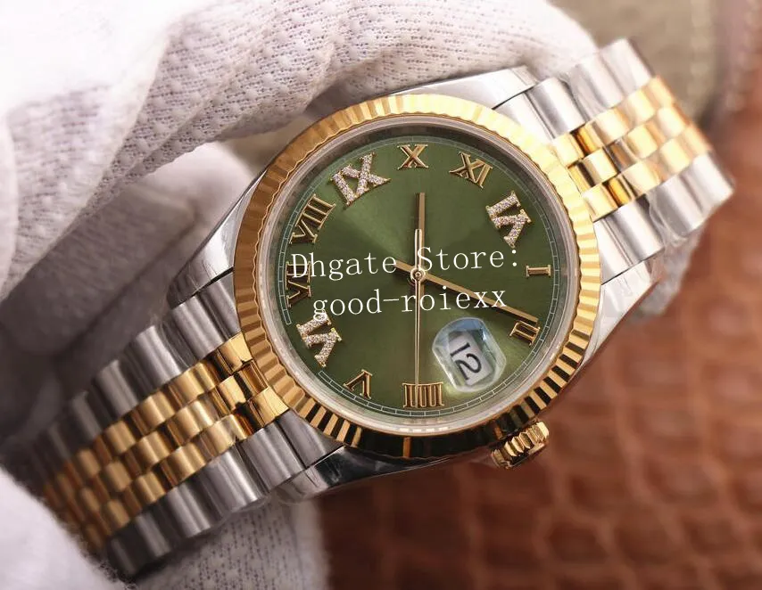 36 ملم ساعات للرجال مشاهدة الرجال BP Olive Green Wimbledon التلقائي 2813 سوار اليوبيل كريستال الماس التاريخ الصفراء الذهب الفولاذ راينستون BPF Golden Wristwatches