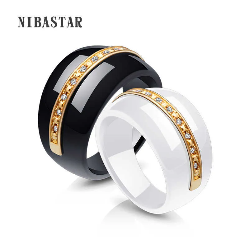 Solitärring Einzigartiges Design Schwarz Weiß Keramikringe für Frauen Goldfarbe Metall Kubikzircon Kanal Hochzeit Schmuck Y2302