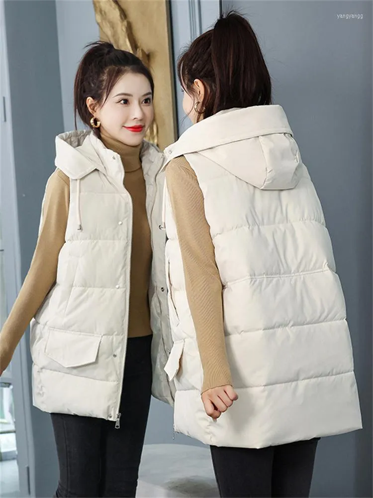 Damenwesten Baumwollweste Frauen Beige Lose ärmellose Kapuzenweste 2023 Herbst Winter Koreanische Studenten Schwarz Allgleiches Jacke Kleidung