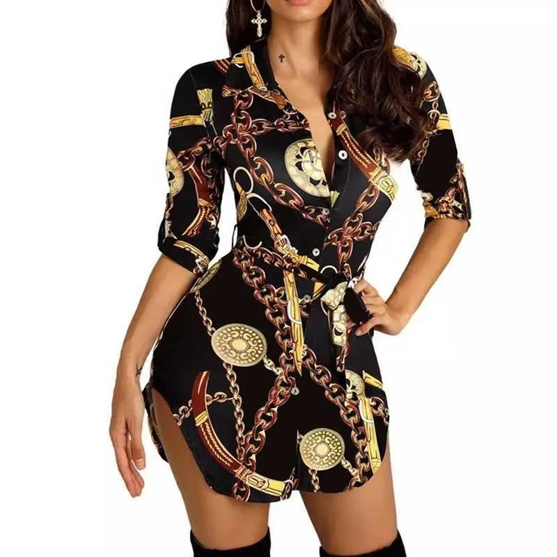 Retail Plus Size 3xl 4xl Casual Dresses Women Lace Up Dress Button Down Chain Printed Party Dress Sexy Bandage Skirt