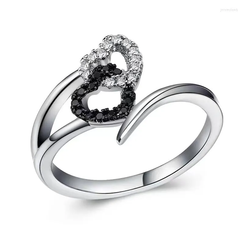 Fedi nuziali Moda squisito doppio anello a forma di cuore Hollow Love Zircon Jewelry Regali per feste da donna eleganti