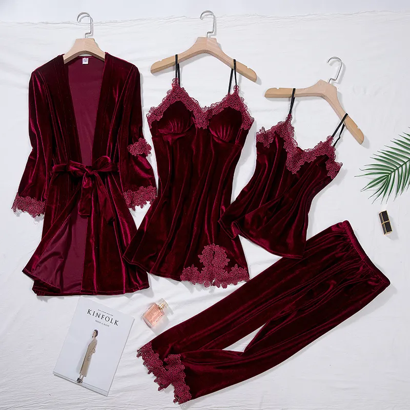 Women's Sleepwear Burgundy Velour Pajama Suit Women 4PCS Kimono Robe Nightgown Set Sleepwear Lady Winter Velvet Warm Lace Folwer Bathrobe Gown 230209