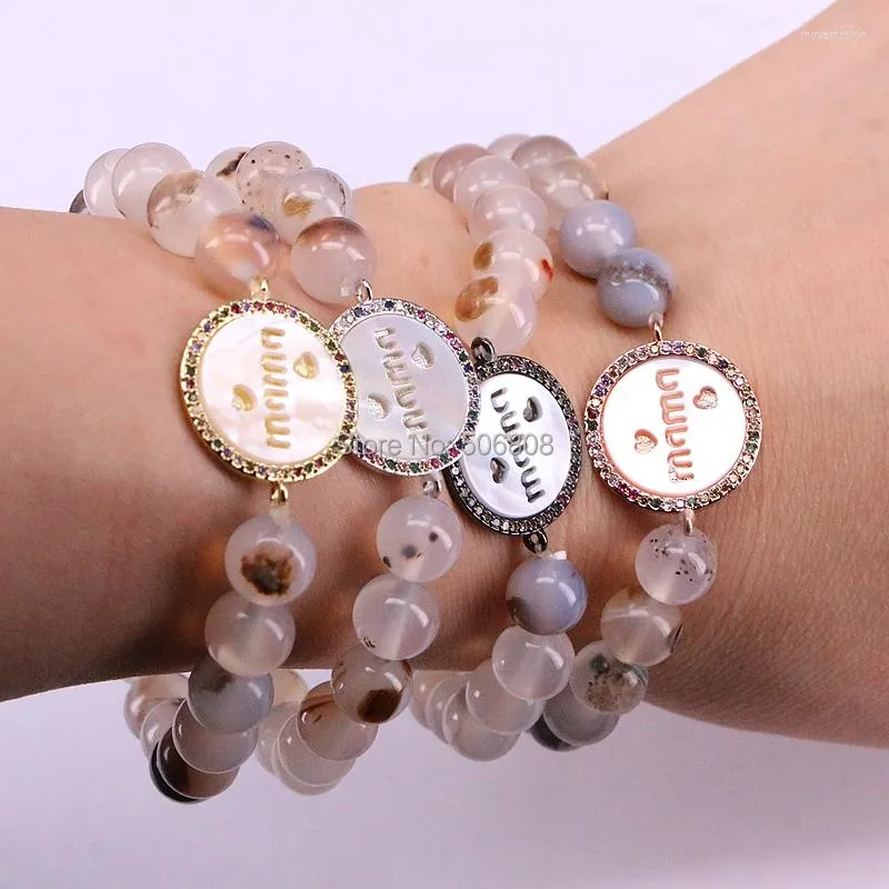 チャームブレスレット6PCS ZYZ-B2613 "MAMA" JEWELRY BRACELET COLUSFUL CZ Micro Pave Round Shell with Agates Stone Women