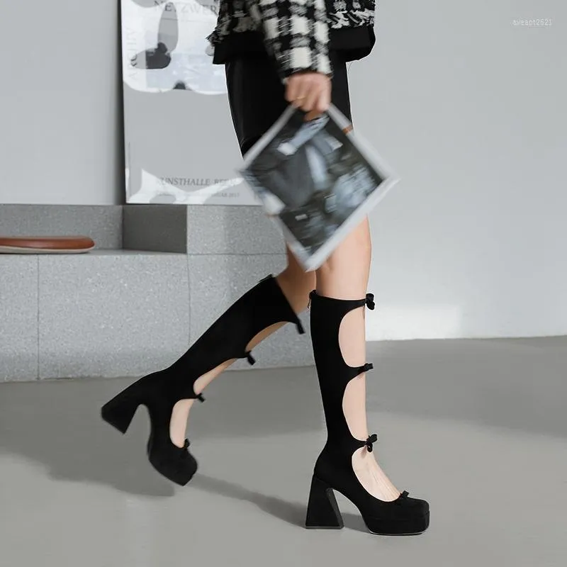 Boots Fashion Buckle Gladiator Shoes Rome Summer Black Red Women Knee High Ladies Cut-outs Leather Dress Pumps