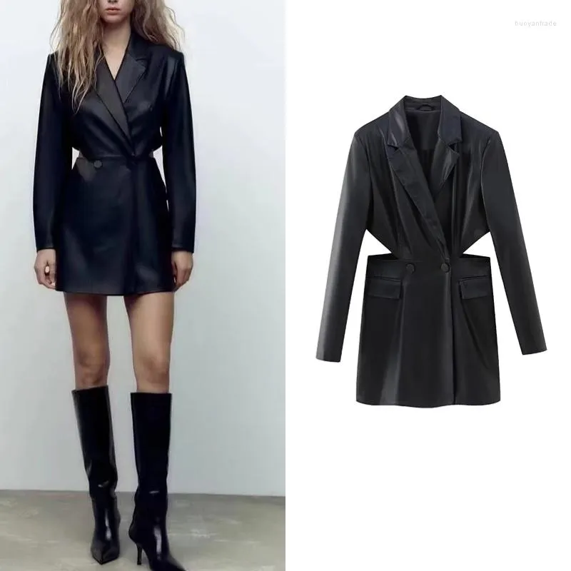 Vestidos casuais chiques Black Solid Pu Hollow Out Women Blazer Fashion 2023 Vintage Sleebe High Street Sexy Spring Y2K feminino Outwear