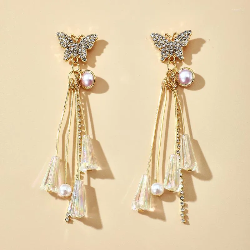 Boucles d'oreilles étalon 2023 Bijoux d'oreille bijoux Butterfly Drop simulé Perle longue Metal Tessel Crystal for Women Gift