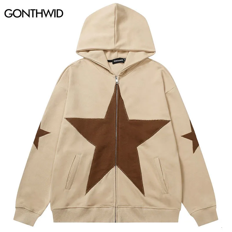 Męskie bluzy bluzy Hip Hop Zip Up Kurtka z kapturem Y2K Grunge Vintage Star Patch Punk Gothic Loose Hood Bluza Harajuku Cotton Streetwear 230209