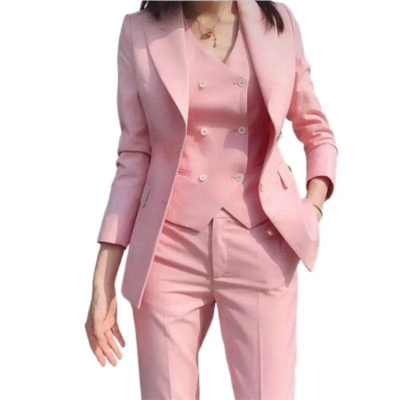 Dames tweedelige broek mode dames zakelijke kleurpakken broek waistcoat dames roze blazers jas vest set 230209