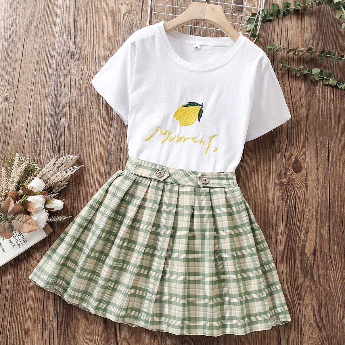 Conjuntos de ropa para ni os Trajes de muy buen gusto para ni as Conjuntos de verano Camiseta de manga corta para beb s Falda a cuadros Traje escolar