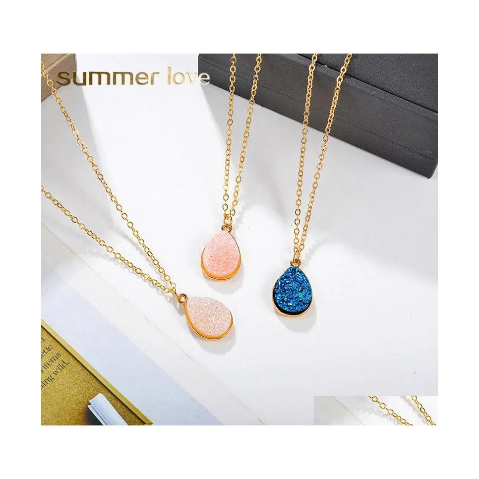 Pendant Necklaces Teardrop Resin Stone Crystal Druzy Necklace For Women Gold Plating White Pink Blue Fashion Jewelry Drop Delivery Pe Dhxuf