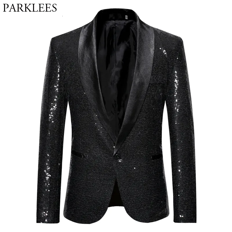 Herrenanzüge Blazer Schwarz Pailletten One Button Schalkragen Anzugjacke Männer Bling Glitzer Nachtclub Abschlussball DJ Blazer Jacke Männer Bühnenkleidung für Sänger 230210