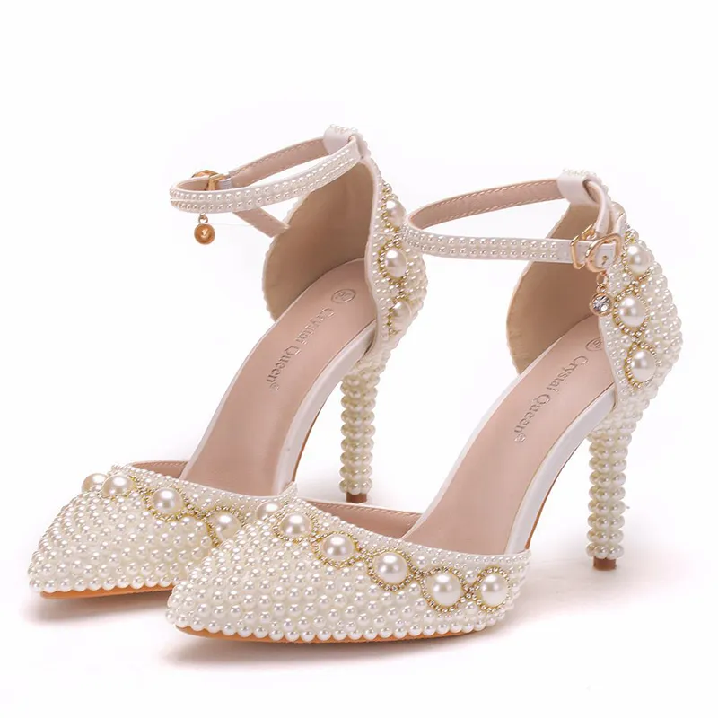 Wedding Bridal Shoes Pointed Toe White Ivory Pearl Ankle Straps Bride Dress Shoes Summer Sandals Lady Party High Heels