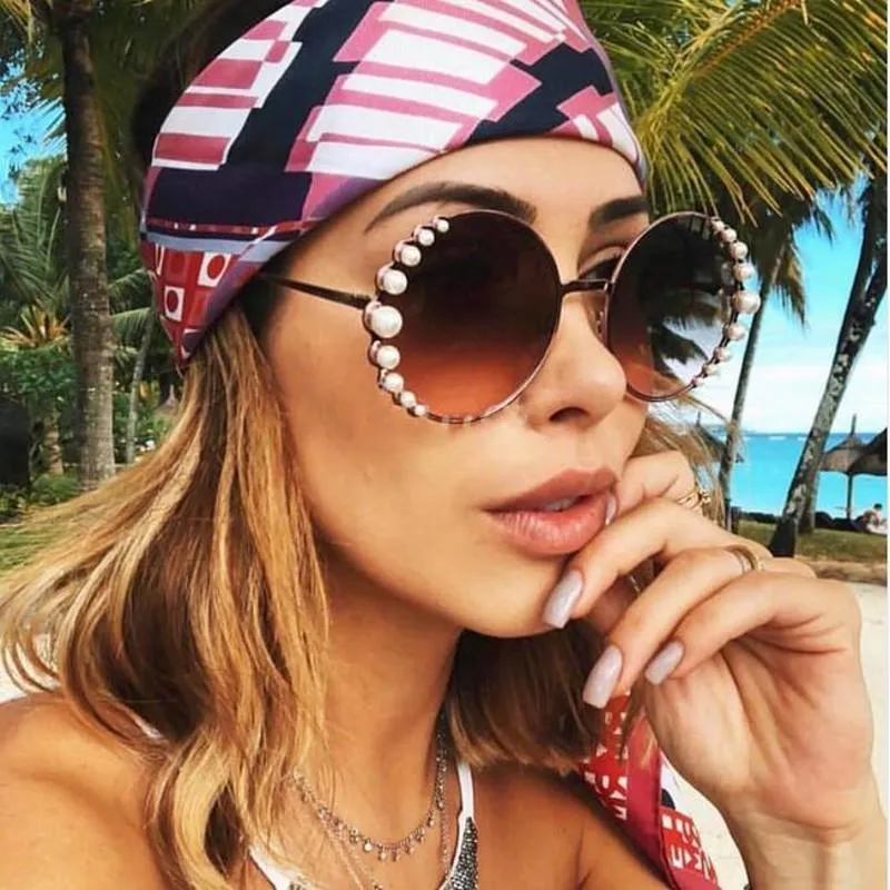 Sunglasses Fashion Round Women Oversized Luxury Pearl Brand Designer Sun Glasses Ladies For Female Pink Blue UV400 OculosSunglasses