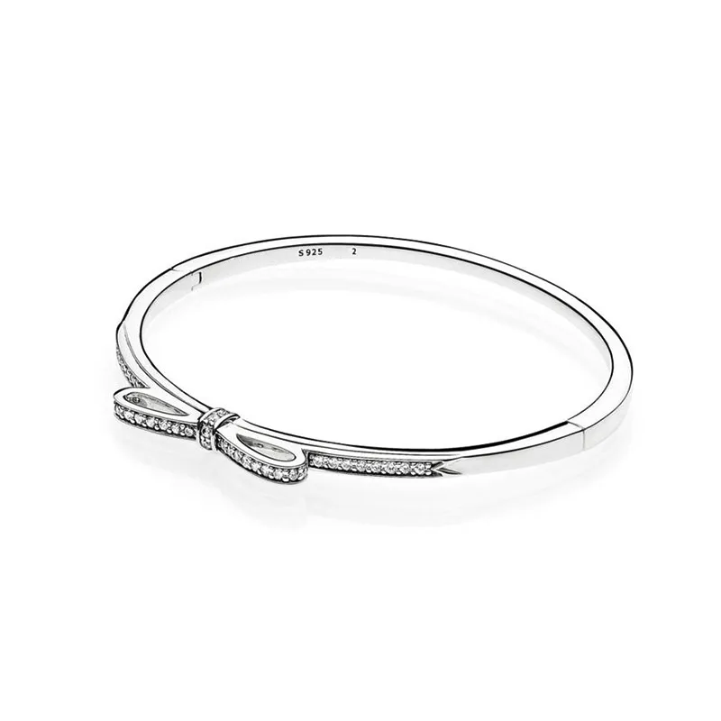 Authentischer Armreif aus Sterlingsilber mit glitzernder Schleife für Pandora, CZ-Diamant, Hochzeitsfeier, Schmuck für Frauen, Freundin, Geschenk, Schleife-Armbänder mit Originalverpackung