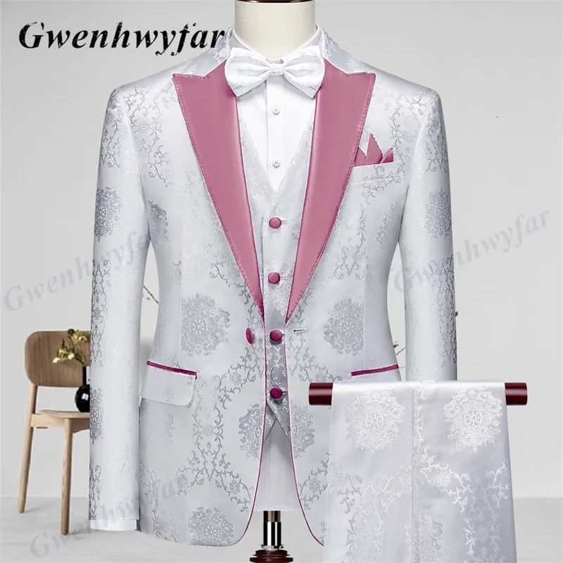 Męskie garnitury Blazers Gwenhwyfar Wysokiej jakości smoking ślubny Mist Mist Pink Lapel Blazer Spodni kamizelki w białym wzorze materiału 230209