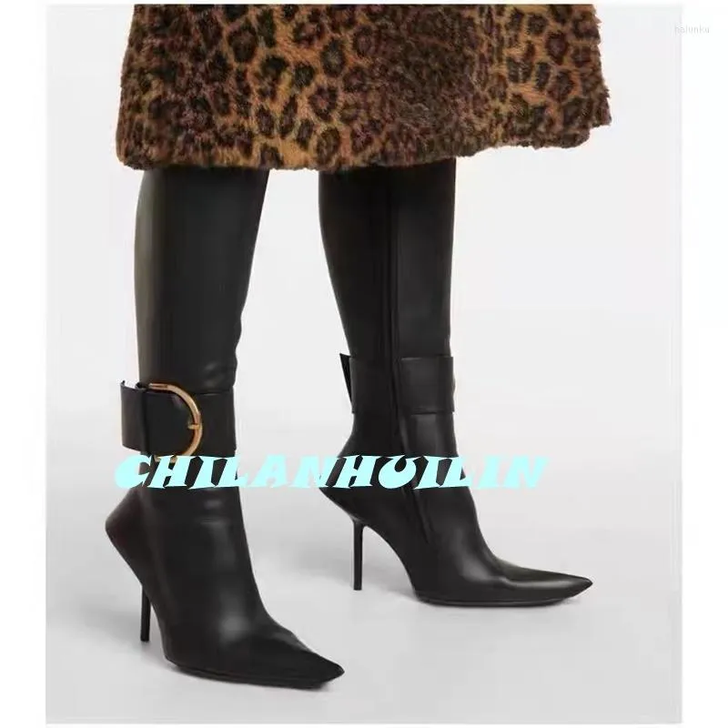 Boots Glamorous Ladies Autumn Winter Shoes Woman Knee High Pointed Toe Heels Buckle Party Runway Brand Short