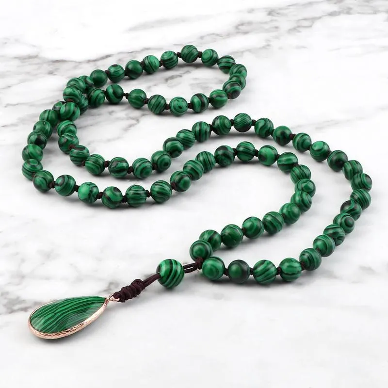 Collane con ciondolo Collana con perline di malachite verde Uomo Donna Pietra naturale Gioielli fatti a mano con gocce annodate Regali di preghiera buddista