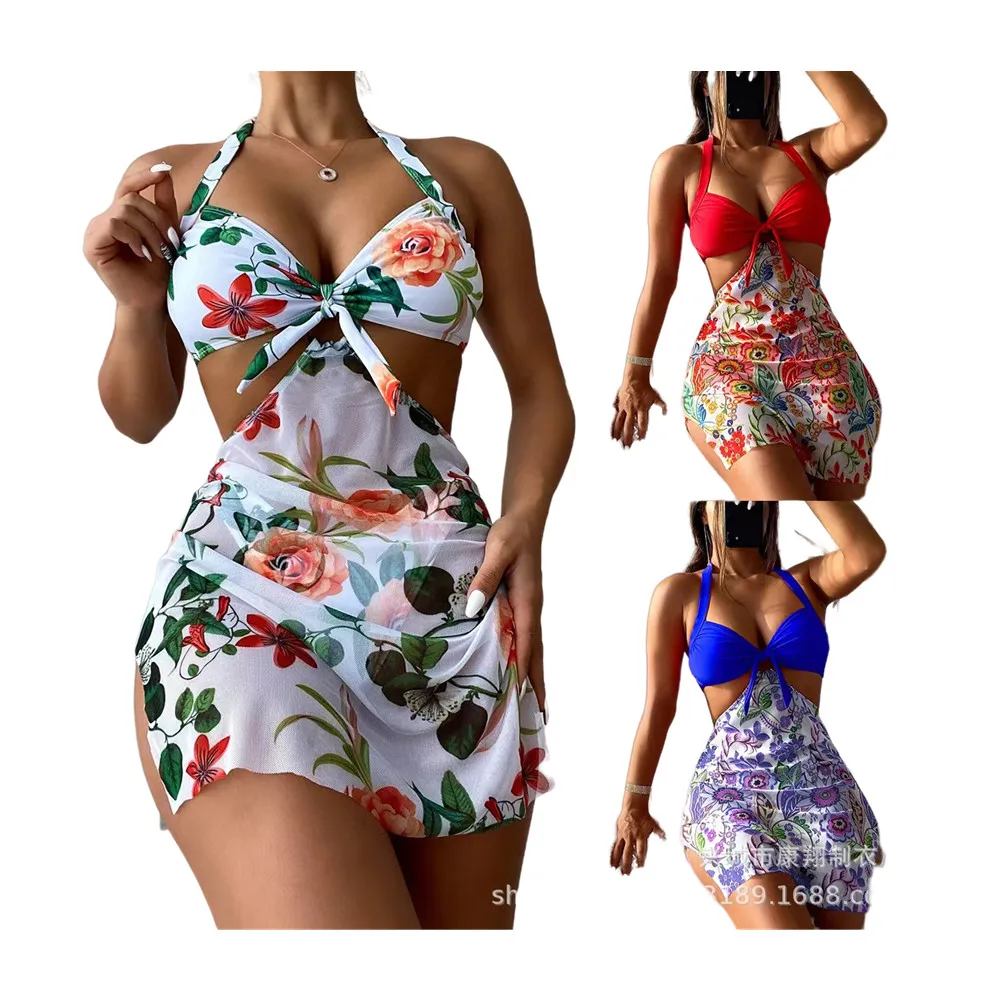 3 Piece Bikini Set with Skirt for Women Halter Bikinis 2023 Brazilian Woman Tie Swimsuits 3 Pieces Stylish Summer Outlet Bikini