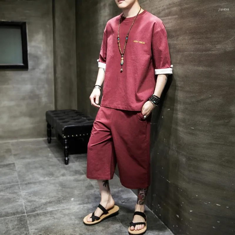 Men's Tracksuits Chinese Traditional Dress Summer Thin T-Shirt Cropped Pants Two-Piece Set Plus Size Hanfu Suit Men Clothing Top Casual